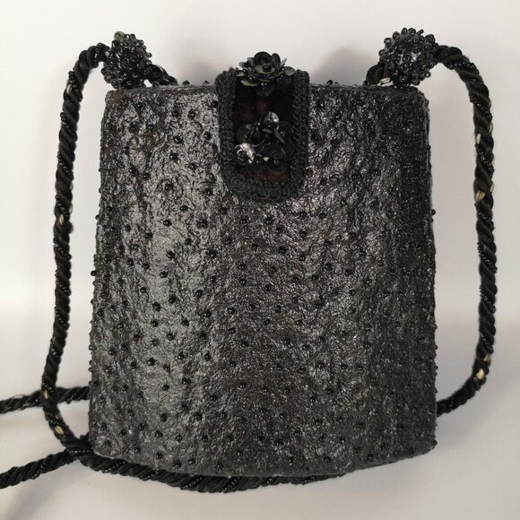 VTG Mary Frances Black Burgundy Velvet Embellished Beaded Small Shoulder Bag - Picture 6 of 16